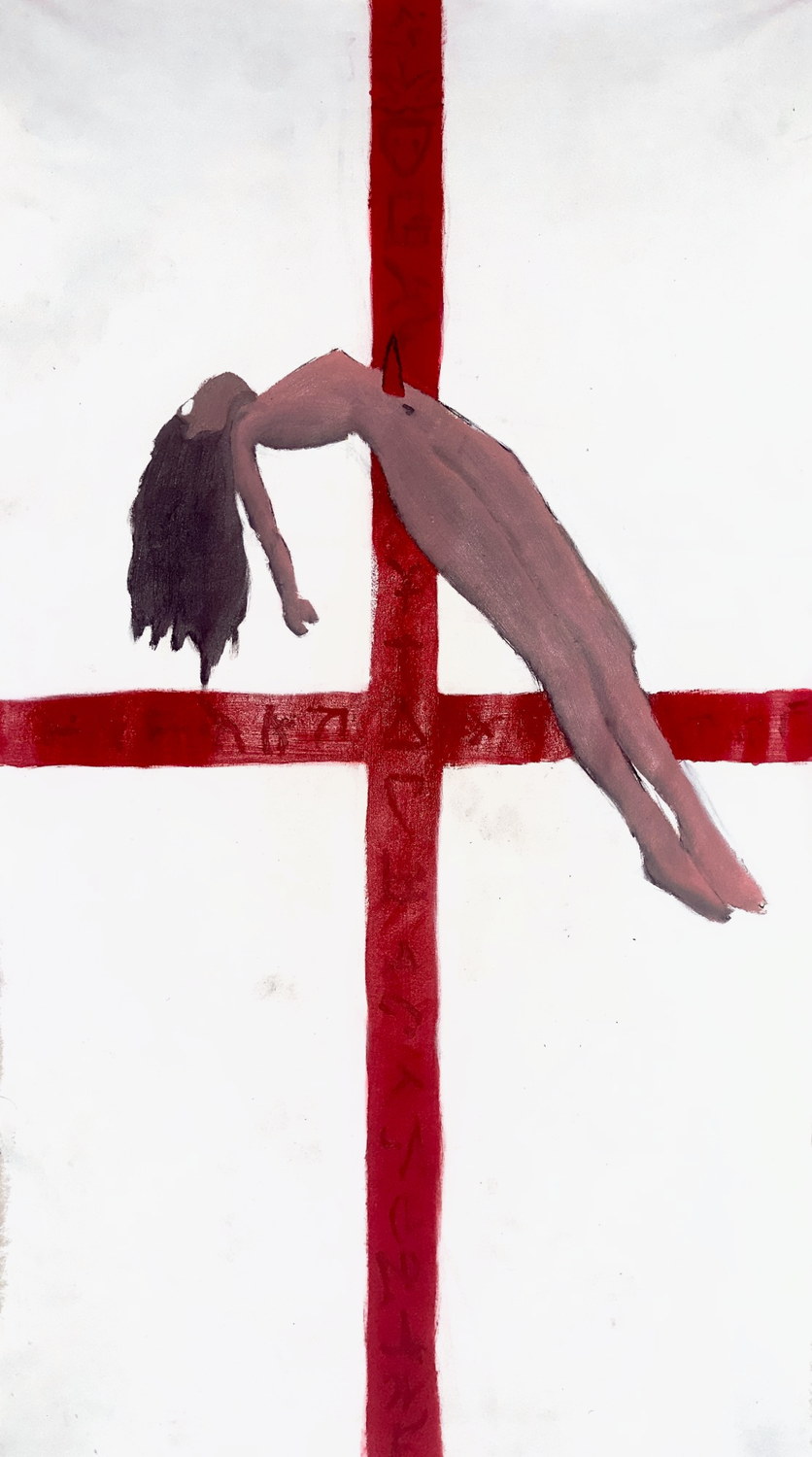 Work 018 by Matas, oil on canvas, 2026, 110 × 200 cm — Made during the football World Cup, when the flag was everywhere and the mood around it had turned.